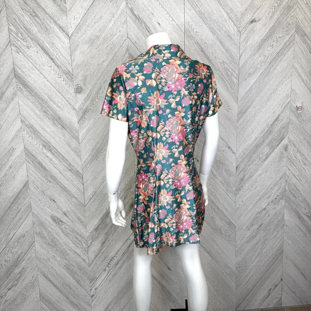 Vintage 70s Dress Womens S/M Floral Mini Short Sleeve V-Neck Collar Retro - Picture 4 of 5